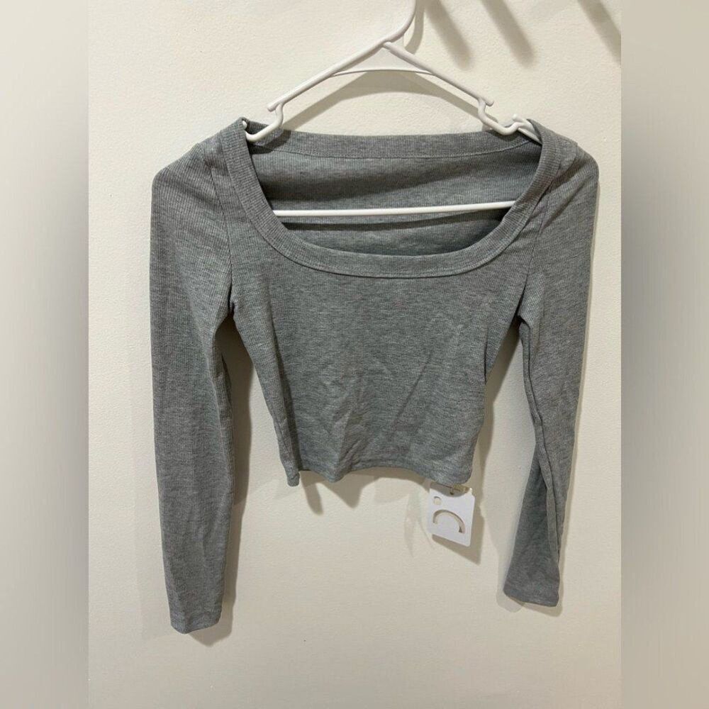 NEW Commense Grey Spring Chic Ribbed Knit Long Sleeve Cropped Top Women XS